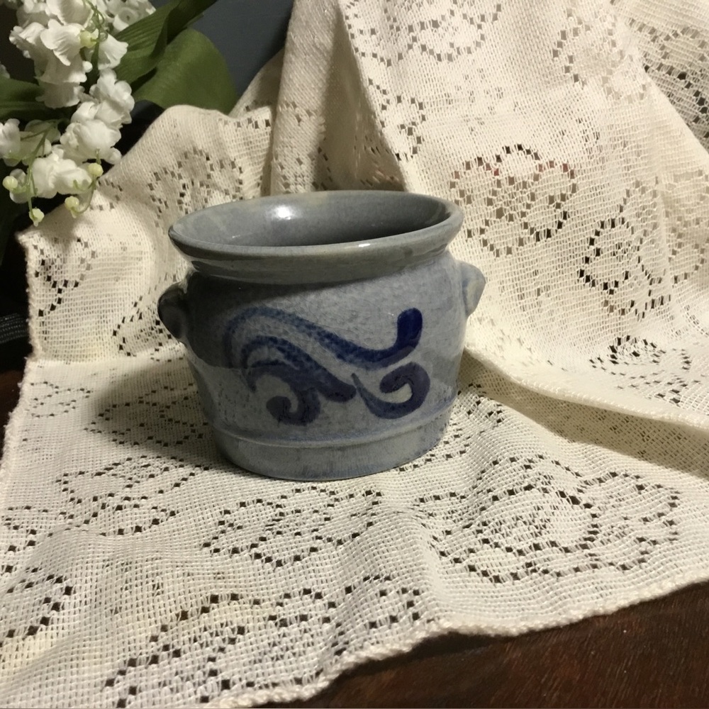 Salt Glaze Cobalt Blue Slip Decorated Art Pottery Stoneware Two Handled Crock
